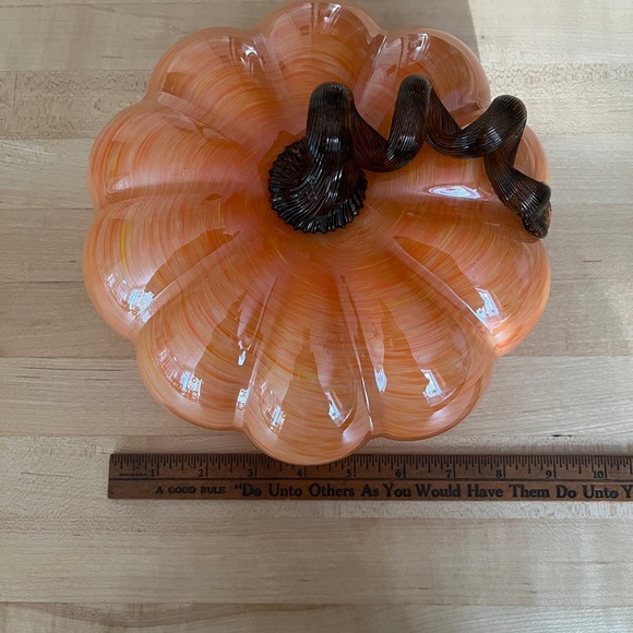 Hand Blown Glass Fall Pumpkin, Orange White Swirl with Brown Glass Stem - Picture 4 of 5